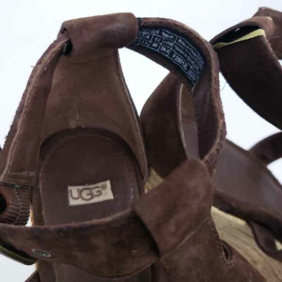 UGG Australia Brown Suede Wedges Lauri US 9 Festival Boho Platform Open Toe Shoe - Picture 7 of 9